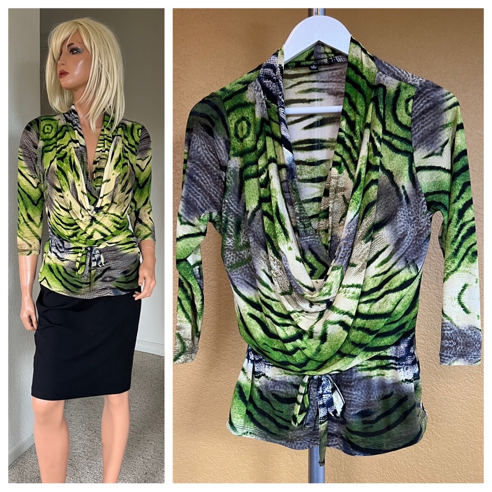 Juliette Sexy Green and Black Tie Front Cowl Neck Blouse